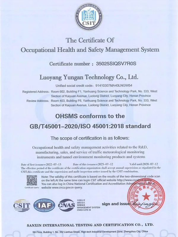 Occupational Health and Safety Management System Certification Certificate